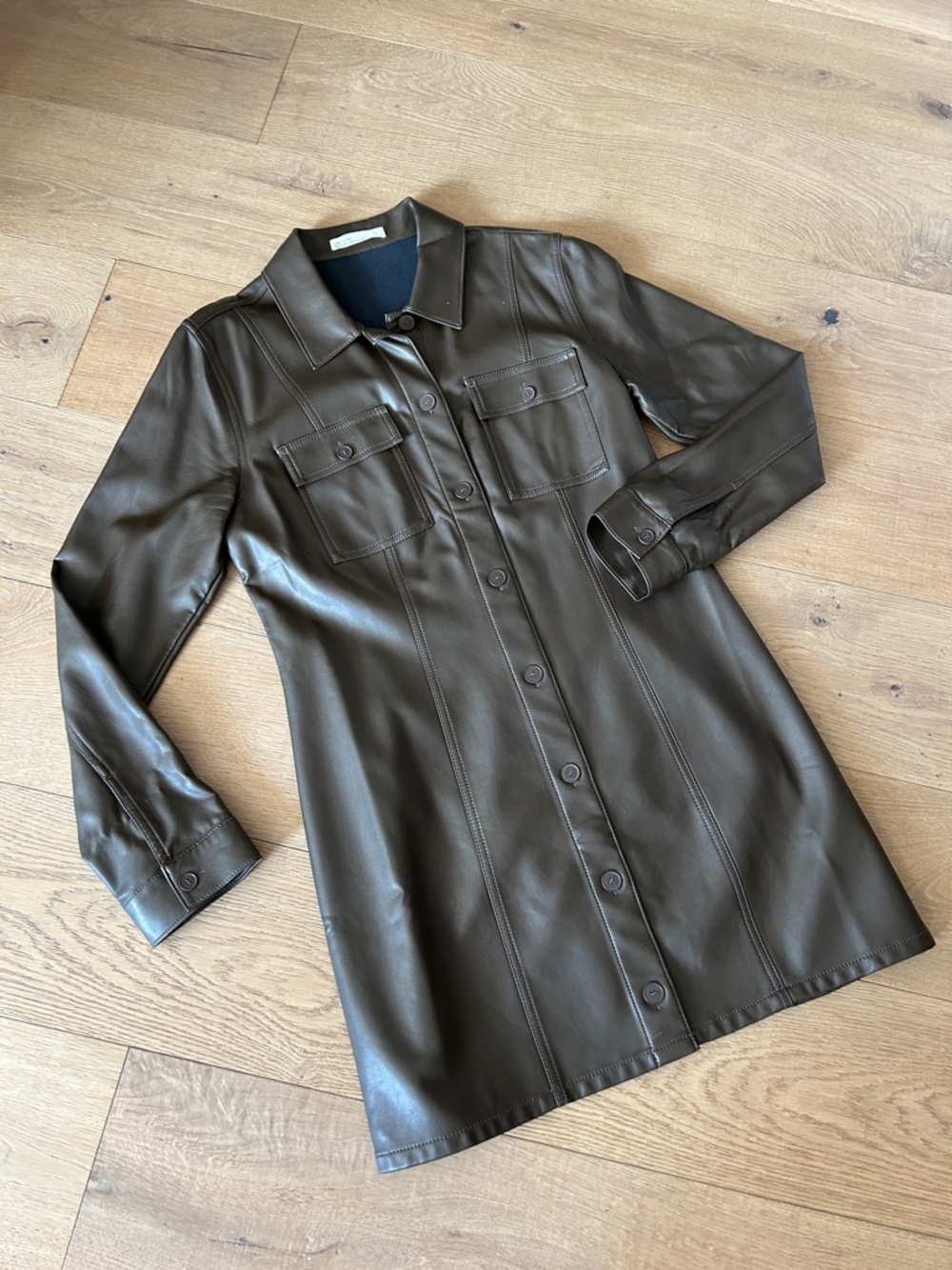 OAK + FORT Dark Brown Faux Leather Button-Front Coat